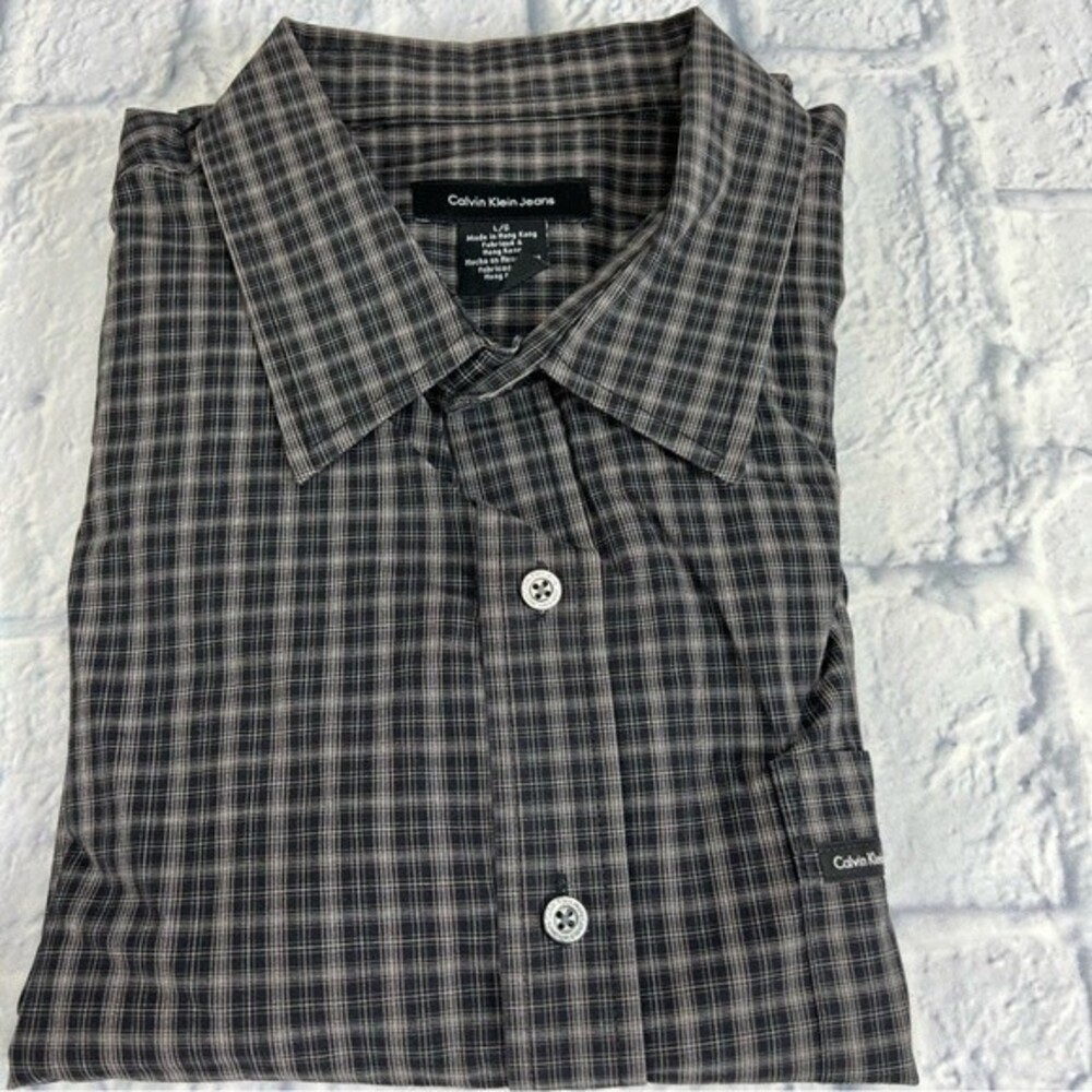 Calvin Klein Jeans large short sleeved dress shirt plaid brown